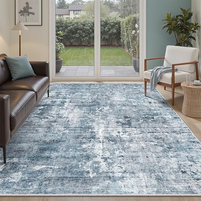 Soalmost Abstract Rug 5x7 Machine Washable Area Indoor Blue Low Pile Non-Slip Foldable Thin Accent Rugs for Bedroom Living Room Dining Room