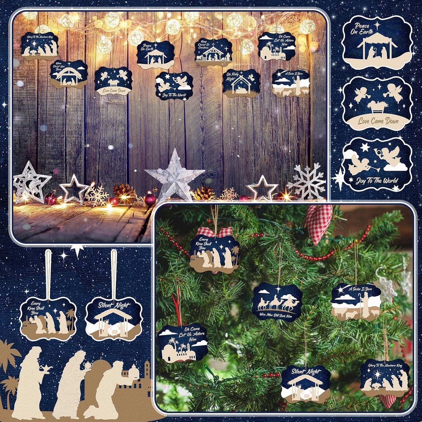 Soaoo 60 Pcs Nativity Scene Christmas Tree Ornament Christian Religious Ornaments Bulk Round Nativity Xmas Tree Hanging Wooden Decorations for Garden Yard Outdoor Home (Square Style)