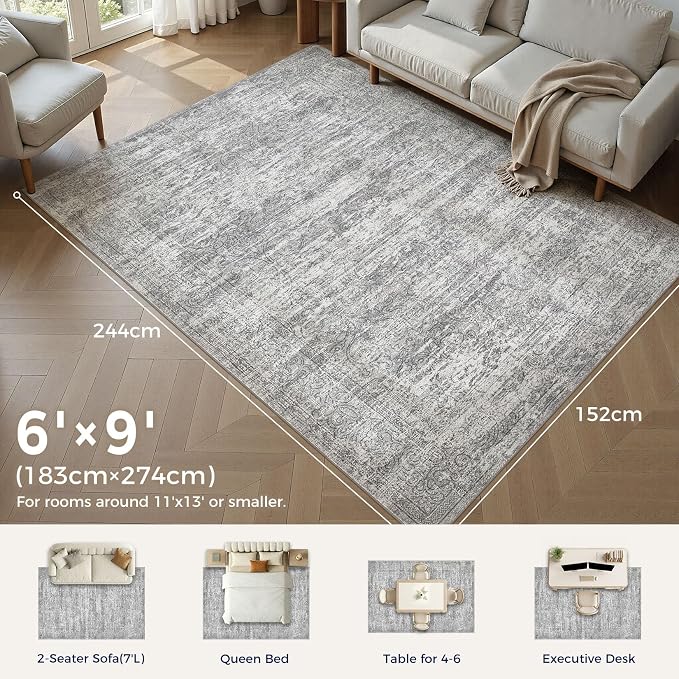 DMOYEST Area Rug Living Room Rugs - 6x9 Abstract Large Soft Indoor Washable Rug Neutral Modern Low Pile Carpet for Bedroom Dining Room Farmhouse Home Office - Vintage Grey