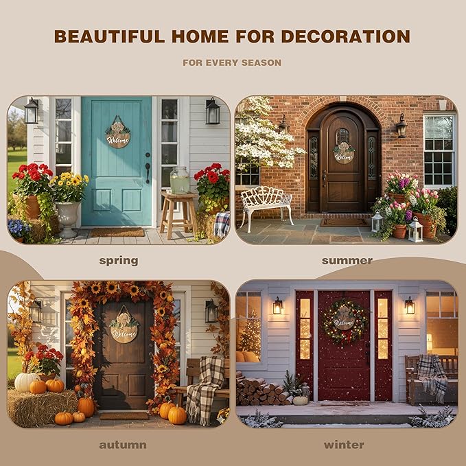 CondorPasea 12 Inch 3D Welcome Sign for Front Door, Round Wooden Welcome Door Sign with Artificial Greenery, Buffalo Plaid Bow & Rustic Beads, Farmhouse Porch Home Decor Gift