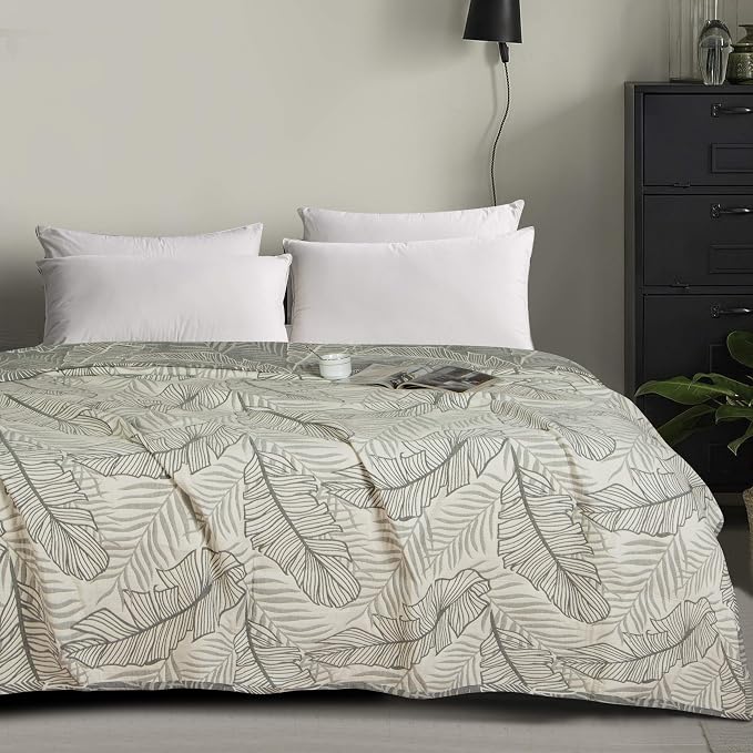 NTBAY 3 Layers Cotton Muslin 88x92 Queen Bed Blanket, Super Soft Breathable Thermal Yarn Dyed Quilt for Adults, Perfect Lightweight Blanket for Couch Sofa Bed All Seasons, Dark Grey Leaf