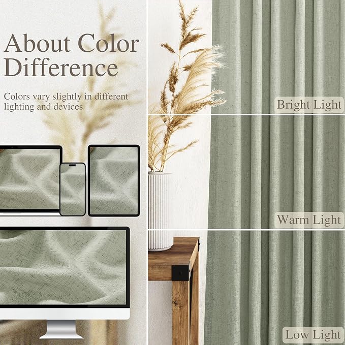 Nanspring Sage Green Linen Curtains 63 Inches Length 2 Panels Set for Living Room Back Tab Pocket Light Filtering Semi Sheer Drapes Cotton Linen Textured Pale Green Window Curtain 52X63 Inches