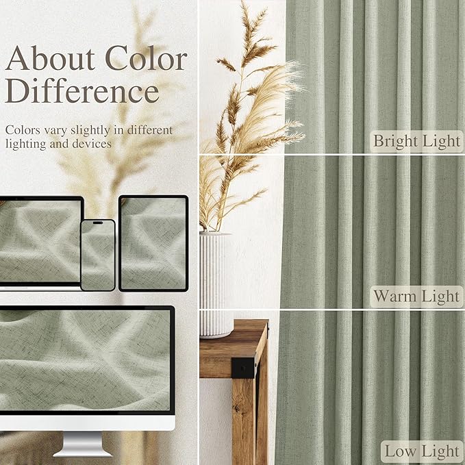 Extra Wide 100 Inch Linen Curtains for Living Room Divider Light Filtering Semi Sheer Back Tab Patio Curtains for Sliding Door Sage Green Coastal Decor Sunroom Floor to Ceiling Window Curtain 100x84