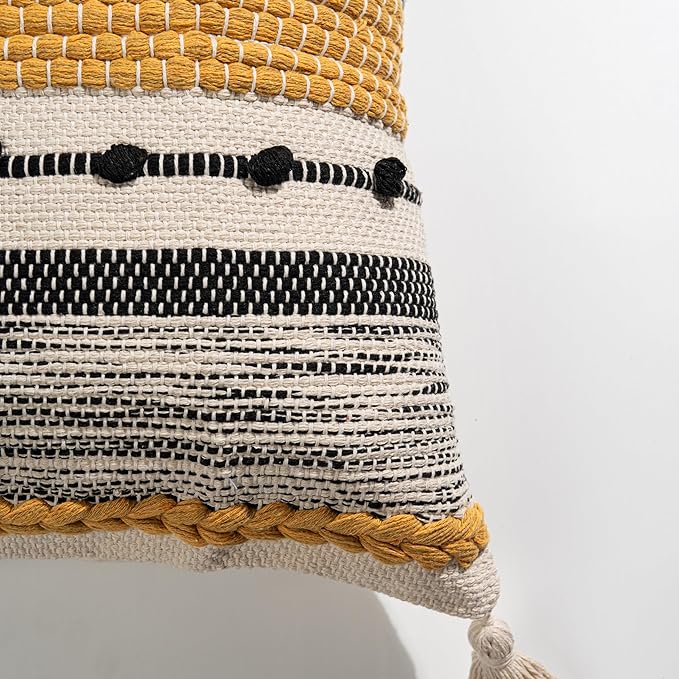 BlissBlush Yellow Mustard Decorative Throw Pillow Cover 18x18 Square Boho Accent Pillowcase Tassels Farmhouse Cushion for Couch Sofa Bedroom Living Room Home Décor Cover ONLY