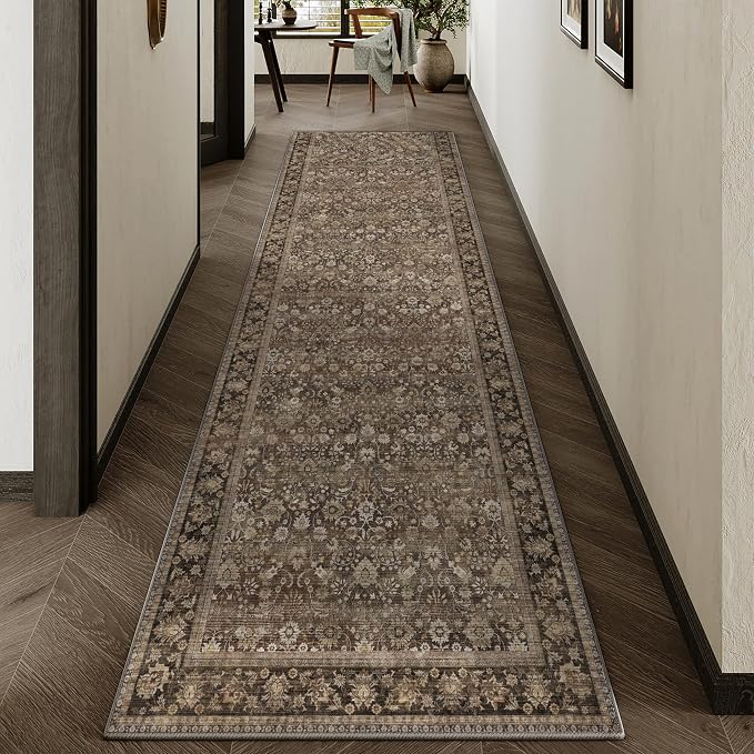 HUGEAR 2x8 Runner Rug Machine Washable Brown Hallway Area Rug Indoor Accent Rugs Floral Low Pile Carpet Soft Throw Rugs Bedroom Living Room Office Dining Kitchen Laundry Non Slip