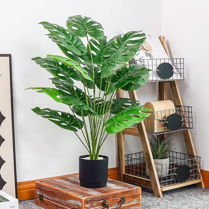 Der Rose 28" Black Pot Fake Monstera Plants, Large Artificial Potted Plants for Indoor & Outdoor Floor Front Porch Modern Decor