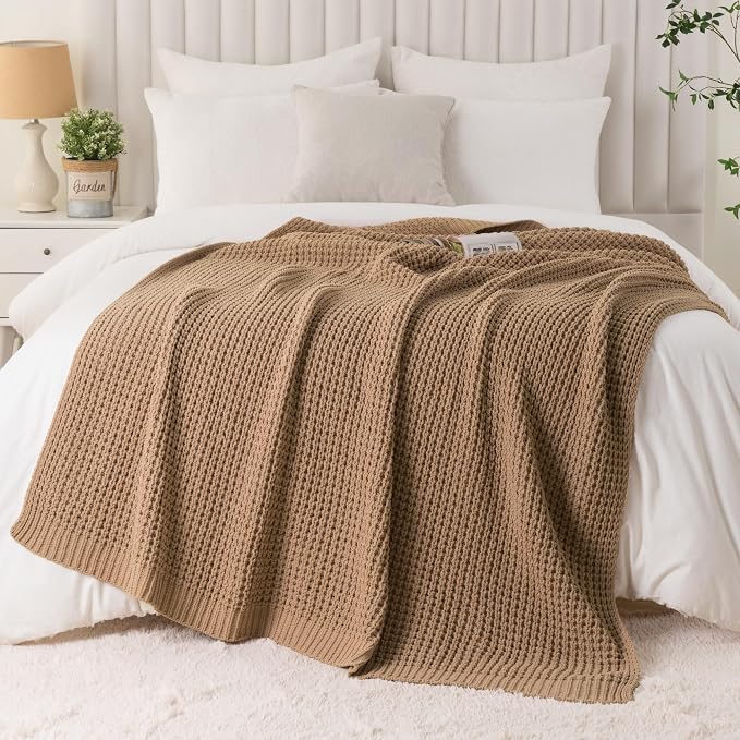 Bunnikins & Clover Beige Throw Blanket for Couch, Knitted Beige Throw for Bed, Neutral Throw Blankets Tan Blanket for Room Decor Housewarming Gifts, 50"x60"