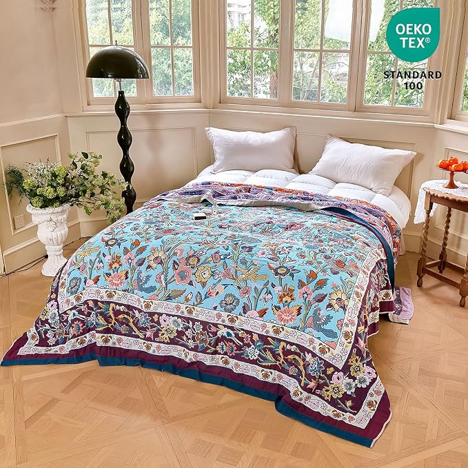 MSGKV Boho Throw Blanket for Couch 50"x60" 100% Cotton Sofa Floral Bird Blanket Summer Breathable Lightweight Muslin Home Decorative Blankets