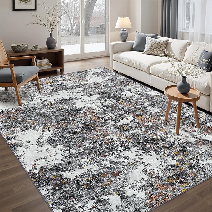 Washable Rug 6x9 Area Rugs: Soft Large Living Room Rug with Anti-Slip Backing Non-Shedding Stain-Resistant Modern Abstract Carpet for Bedroom Dining Room Nursery Home Office-Gray/Multi