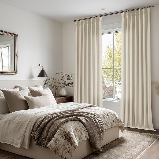Beige Pinch Pleated Linen Curtains 120 Inch Length 2 Panels Set for Living Room Bedroom Light Filtering Neutral Oatmeal Semi Sheer Window Curtain Boho Back Tab Pinch Pleat 120 Inch Drape Extra Long