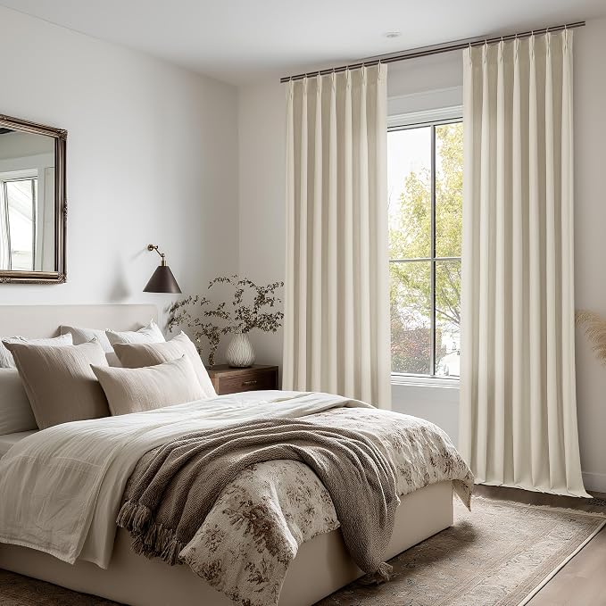 Beige Pinch Pleated 86 Inch Curtains 2 Panels for Living Room Oatmeal Linen Curtains 90 Inches Long Pinch Pleat Drapes for Track System Light Filtering Semi Sheer Curtain for Dining Bedroom Office