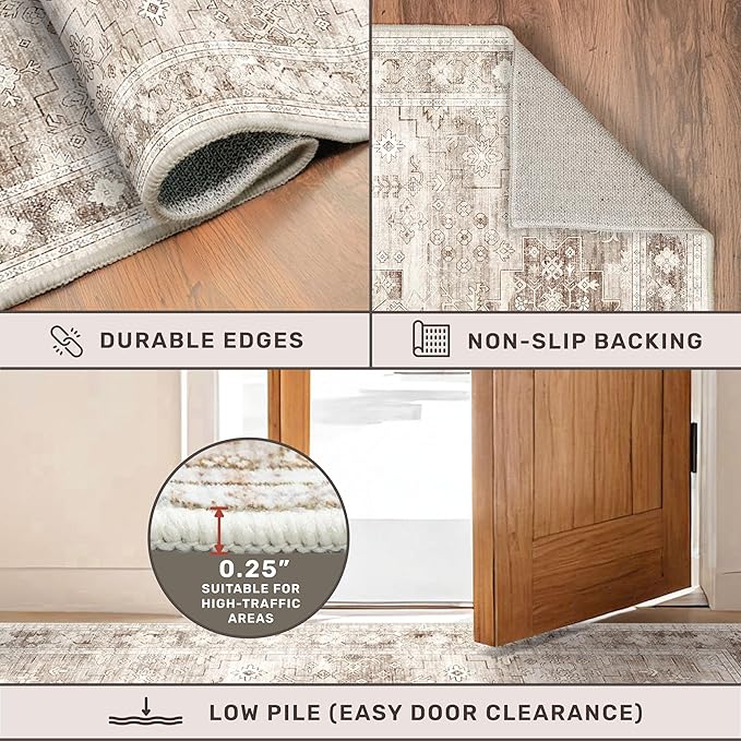 Boho 2x8 Long Runner Rugs for Hallway, Neutral Farmhouse Non Slip Runner for Kitchen, Entryway, Vintage Floral Decor Low-Pile Washable Stain Resistant Beige Latte Rug