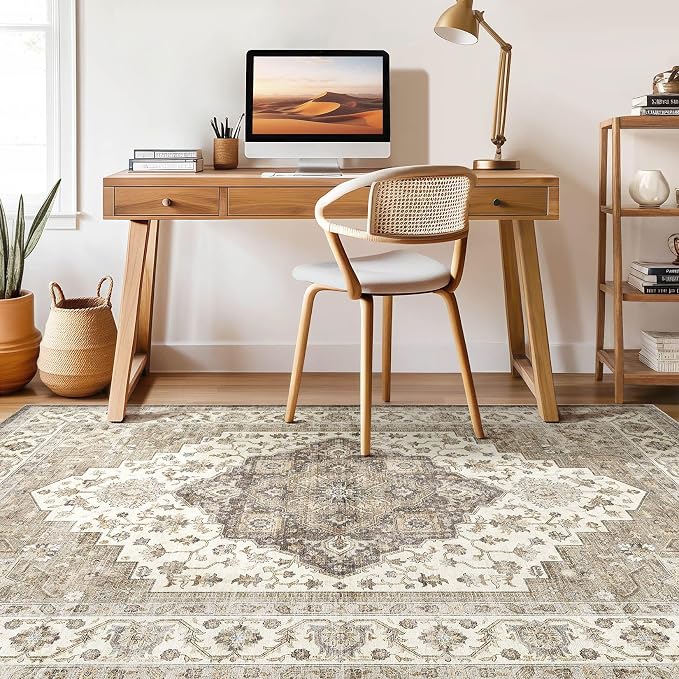 6x9 Area Rugs Living Room: Washable Boho Large Neutral Vintage Soft Rug Stain Resistant Farmhouse Non-Slip Indoor Floor Carpet for Bedroom Nursery Kids Playroom Office Dining Room Home- Brown Beige