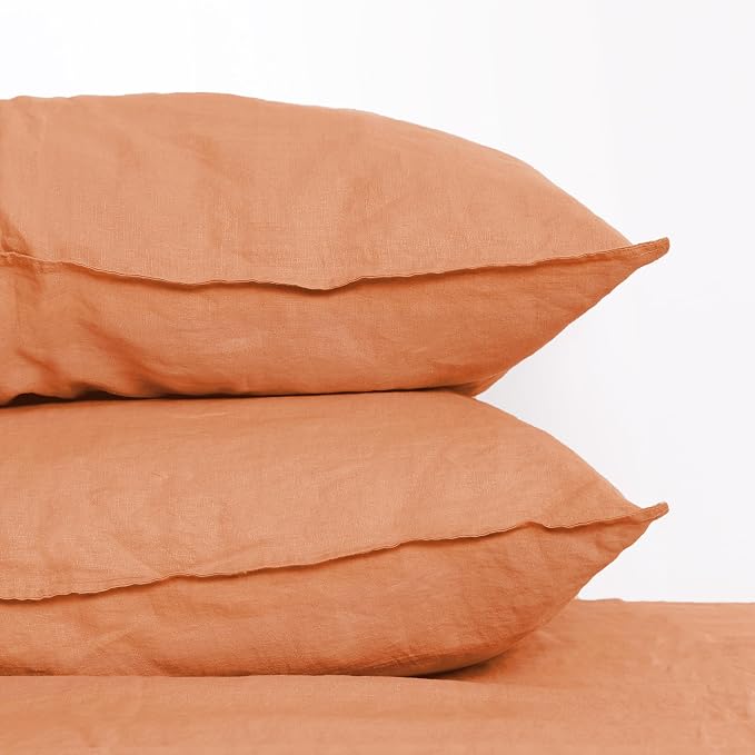 Linen World Natural Linen Pillow Cases - Set of 2 Moisture-Absorbing 100% French Linen Pillow Shams,King Size (20''x40''),Stone Washed,Pastel Peach