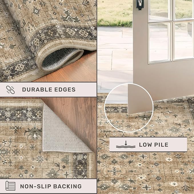 Hazo Haus Natural Taupe Washable 3x12 Extra Long Hallway Runner Rug, Washable Large Kitchen Floor Rug Indoor, Non-Slip Stain & Fade Resistant, Vintage Earthy Tone Decor