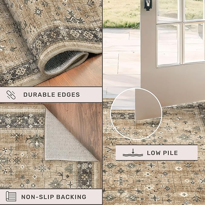 Distressed Taupe Washable Long Runners for Hallways, 2'6"x8' Wide Kitchen Runner Rug, Bohemian Traditional Entryway Indoor Rug, Distressed Floral Geometric Design, Non-Slip Stain & Fade Resistant