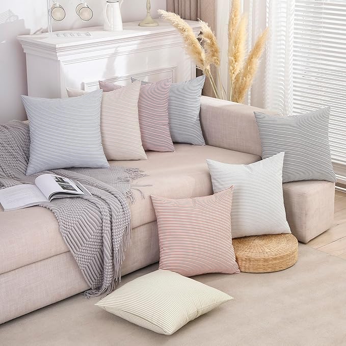 CARRIE HOME Brown Khaki Tan Striped Decorative Pillow Covers 18x18 Set of 2, Neutral Modern Farmhouse Dark Brown Couch Throw Pillows for Living Room 18 x 18 (No Pillow Inserts)