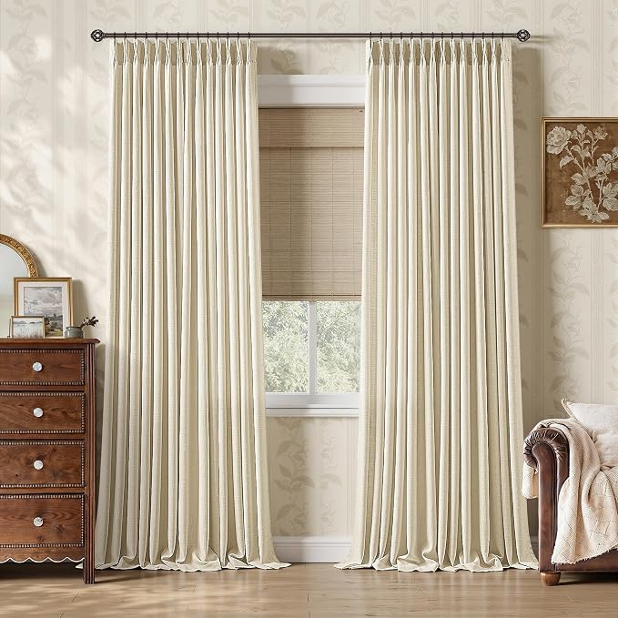 96 Inch Pinch Pleated Linen Cream Beige Curtains 2 Panels Boho Cottage Memory Shape Semi Sheer Burlap Textured Drapes for Living Dining Room Bedroom 40 Inch Wide Back Tab Light Filtering Curtains