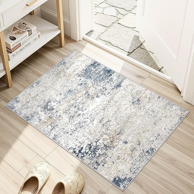 DMOYEST 2x3 Entryway Area Rug: Washable Neutral Modern Abstract Small Rug - Non-Slip Low Pile Throw Indoor Carpet for Entrance Kitchen Front Door Mat Bathroom Entry Kids Room - Beige Blue