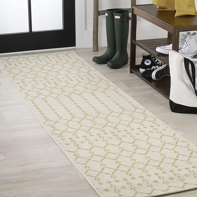 JONATHAN Y Moroccan Geometric Indoor Outdoor Runner Rug 2X10 Cream/Green, Ourika Textured Weave for Backyard, Patio, Porch, Easy-Cleaning, High Traffic, Pet-Friendly, Non-Shedding (SMB108M-210)