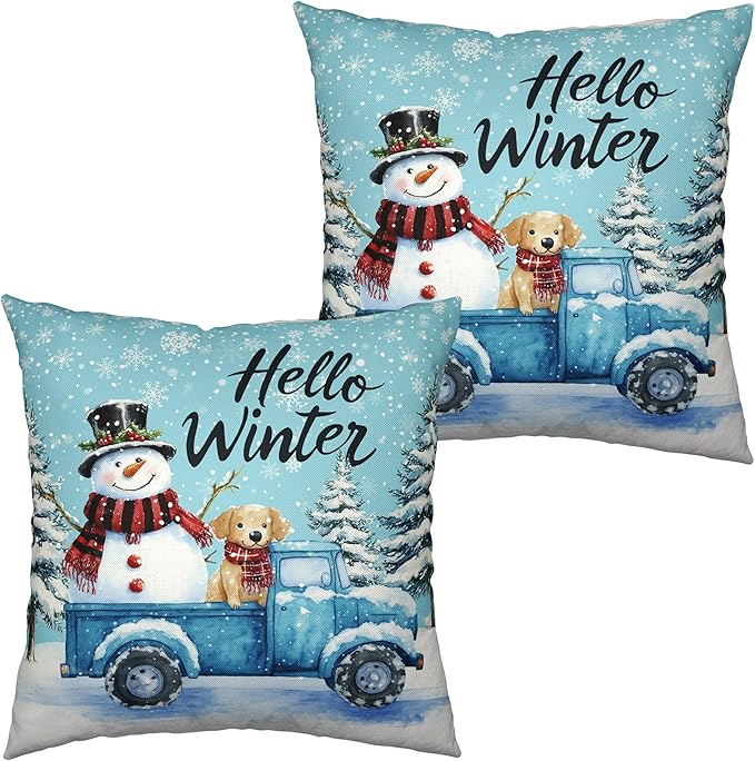 Blue Truck with Lovely Snowman Puppy Dog Pillow Covers 16x16 Set of 2 Hello Winter Throw Pillow Case Snowflakes Snowman Cushion Case for Holiday Decorations Couch Sofa