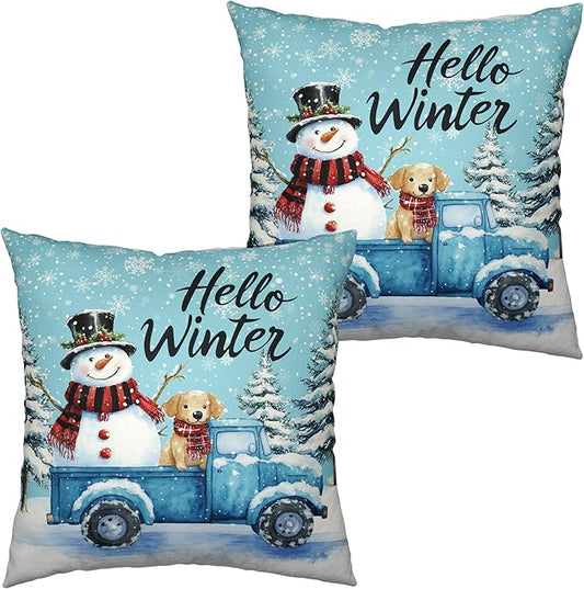Blue Truck with Lovely Snowman Puppy Dog Pillow Covers 16x16 Set of 2 Hello Winter Throw Pillow Case Snowflakes Snowman Cushion Case for Holiday Decorations Couch Sofa