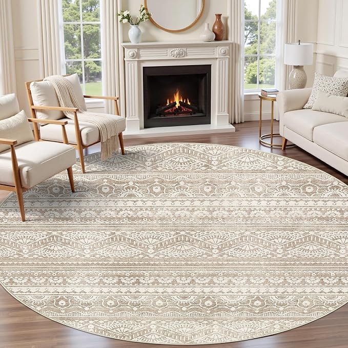 Tortania 8' Round Area Rug Living Room Rugs - Washable Large Soft Neutral Boho Moroccan Bohemian Farmhouse Rug Indoor Floor Carpet for Bedroom Under Dining Table Home Office Decor - Light Brown