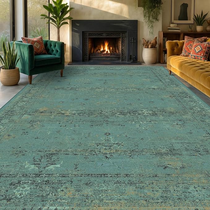 Turquoise Green 10x14 Washable Extra Large Area Rug for Living Room, Non Slip Low Pile Vintage Boho Carpet, Distressed Teal Geometric Rug for Dining Room, Bedroom, Farmhouse Home Décor