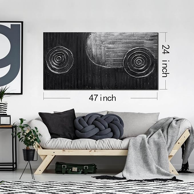 Black and Silver Circles Canvas Wall Art for Living Room Abstract Painting Wall Decor for Dining Room Minimalist Wall Decor for Office Size 24 x 47 Inch