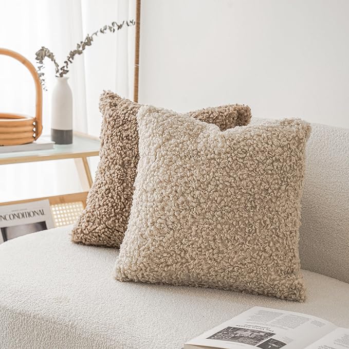 Foindtower 2 Pieces 24x24 Inch Light Khaki, 100% Polyester Throw Pillow Cover Accent Sherpa Pillow Fuzzy Soft Pillowcases Sheepskin Decorative Fleece Cushion Case for Bed Couch Living Room