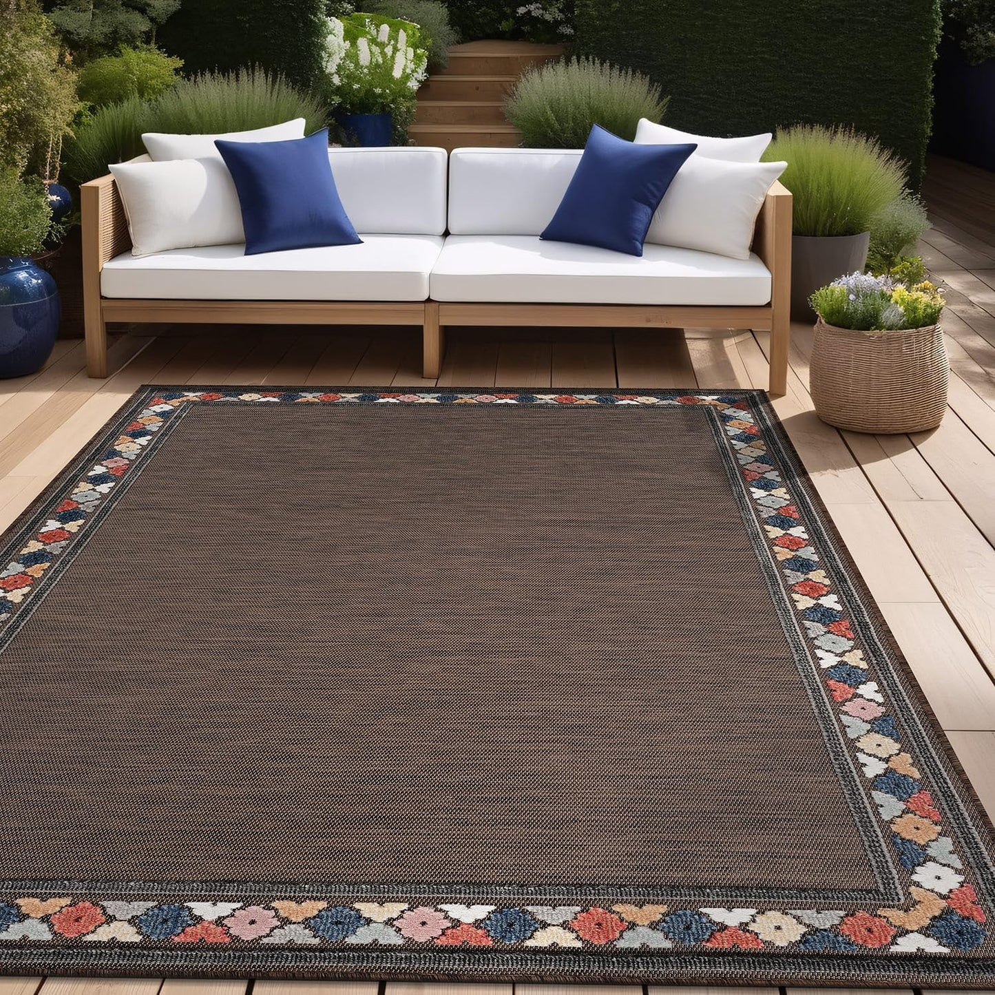 Beverly Rug Outdoor Rug 6x9 Modern Bordered Area Rugs for Indoor and Outdoor Patio Easy to Clean Non Shedding Living Room Porch Garden Washable Outside Carpet (6 x 9 Brown)