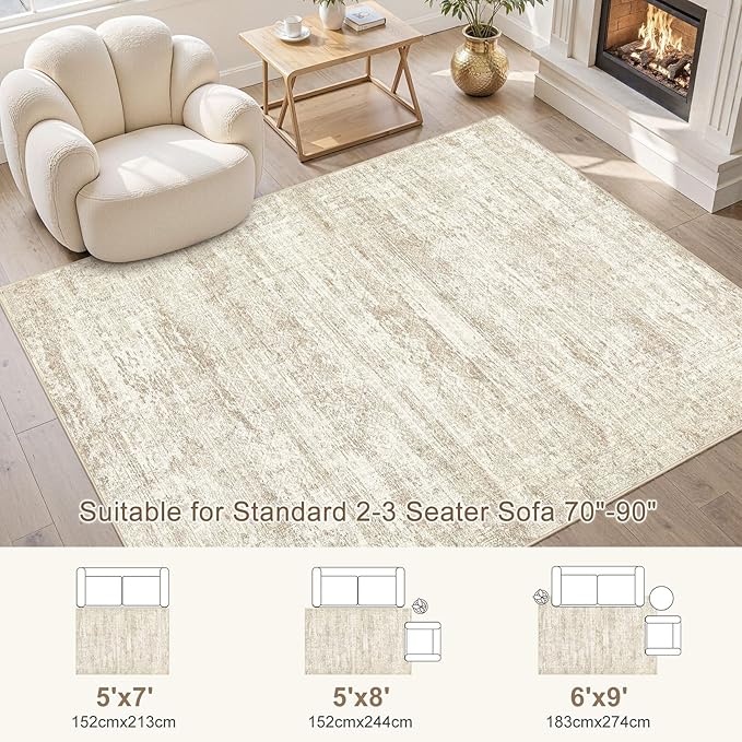 UERMEI 6x9 Area Rug Living Room Rugs - Washable Neutral Modern Abstract Soft Thin Rug Indoor Floor No Slip Rug Carpet for Bedroom Under Dining Table Home Office Decor - Beige/Brown