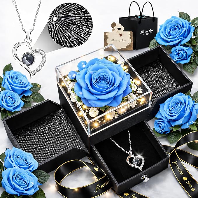 Forever Love Preserved Real Rose with Heart Necklace, Mothers Day Gifts for Mom, Wife, Anniversary Birthday Gifts for Women – Projects “I Love You” in 100 Languages