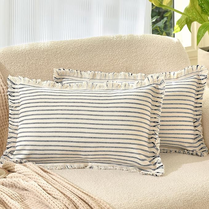 ZWJD Throw Pillow Covers 12x20 Set of 2 Striped Pillow Covers with Fringe Chic Cotton Decorative Pillows Square Cushion Covers for Sofa Couch Bed Living Room Farmhouse Decor, (Navy)