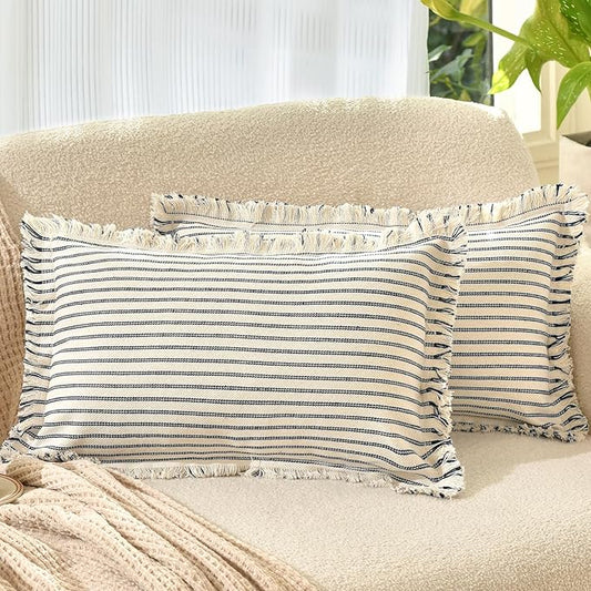 ZWJD Throw Pillow Covers 12x20 Set of 2 Striped Pillow Covers with Fringe Chic Cotton Decorative Pillows Square Cushion Covers for Sofa Couch Bed Living Room Farmhouse Decor, (Navy)