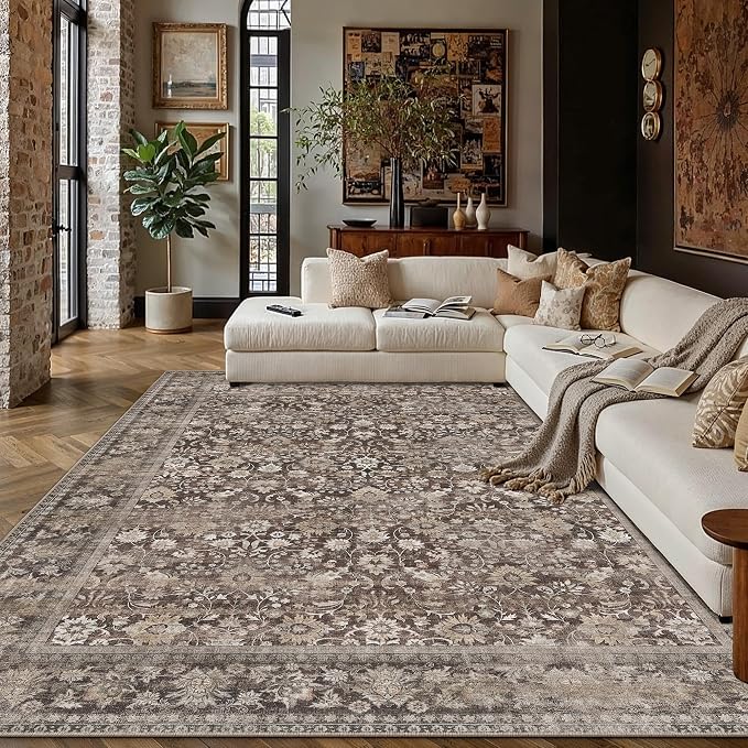 HUGEAR 6x9 Machine Washable Rugs Coffee Brown Hallway Large Area Rug Indoor Accent Rug Floral Low Pile Carpet Soft Throw Aesthetic Rug Bedroom Living Room Office Dining Room Kitchen Laundry Room
