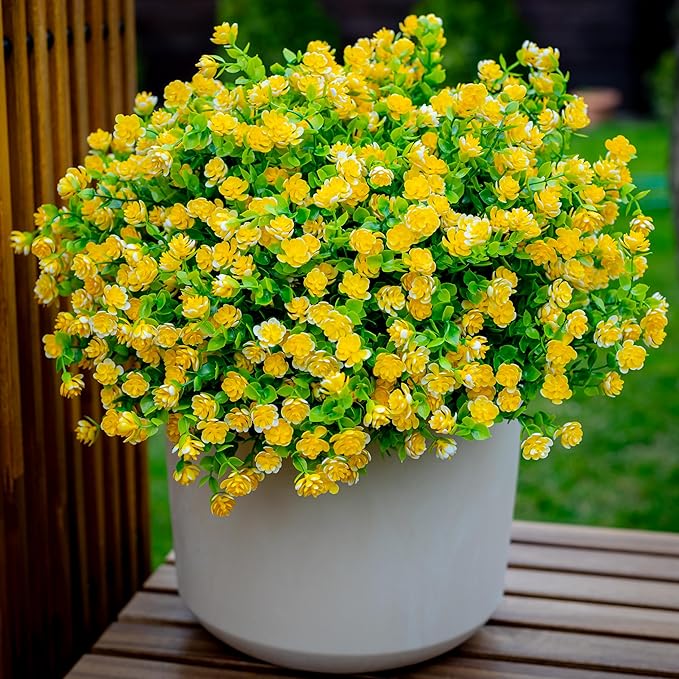AXYLEX Artificial Flowers Outdoor Fake Plants - 12 Bundles UV Resistant No Fade Faux Plastic Greenery Boxwood Shrubs Home Garden Porch Patio Decoration (Yellow)