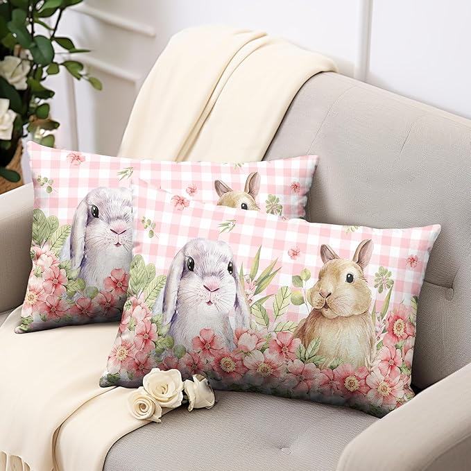 Easter Bunny Lumbar Pillow Covers 12x20 Set of 2 Spring Floral Decorative Pillowcase Cute Rabbit Cotton Linen Cushion Case Pink Plaid Throw Pillow Covers for Sofa Patio Outdoor