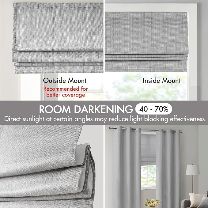 Madison Park Galen Cordless Roman Shade, 33"W x 64"H, Sheen Grey – Room Darkening, Thermal Insulated, Energy Efficient Window Blind with Subtle Sheen Basketweave Fabric for Privacy