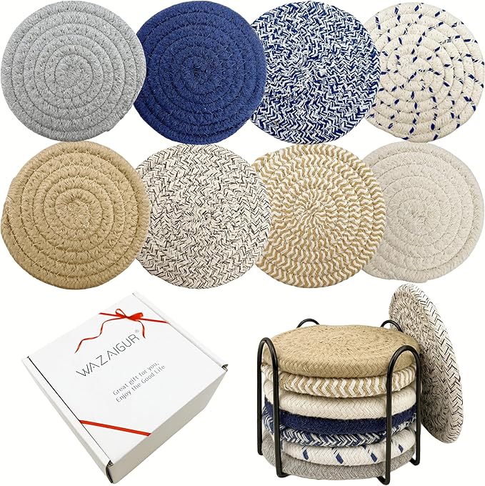 Handmade Woven Cotton Coasters - Set of 8 with Holder, Absorbent, Protects Tabletop - 4.3 Inch Diameter, Home Decor, Kitchen Decor, Table Decor, Coffee Table Decor, Living Room Decor, 8 Colors