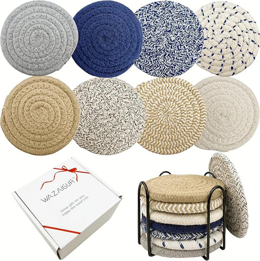 Handmade Woven Cotton Coasters - Set of 8 with Holder, Absorbent, Protects Tabletop - 4.3 Inch Diameter, Home Decor, Kitchen Decor, Table Decor, Coffee Table Decor, Living Room Decor, 8 Colors