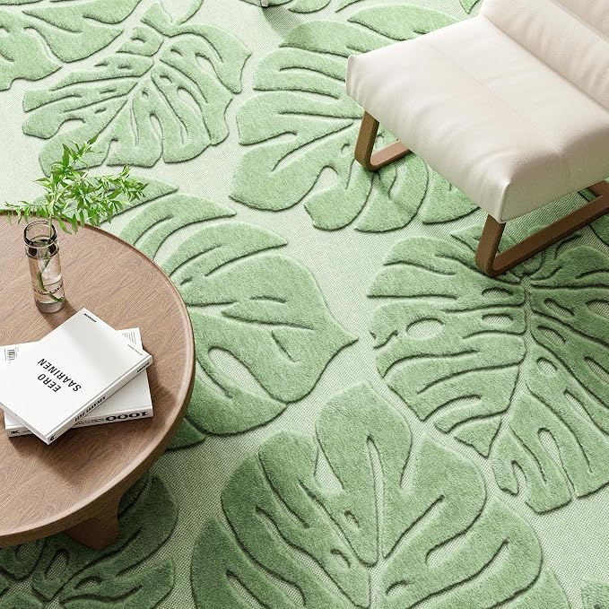 Sage Green Monstera Area Rug 3x5, High-Low Plush Pile Washable Rugs for Living Room Bedroom, Tropical Non Slip Nursery Carpet Soft Indoor Shag Rugs for Dining Room