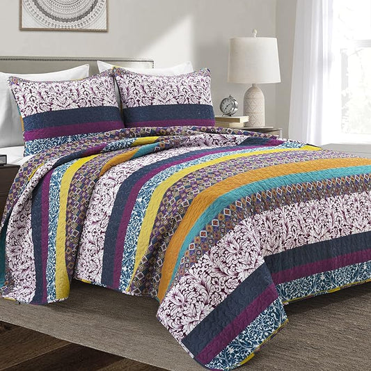Lush Decor Boho Stripe Reversible Cotton Quilt 3-Piece Set, Full/ Queen, Plum & Yellow - Bold Colorful Bohemian Bedding Set