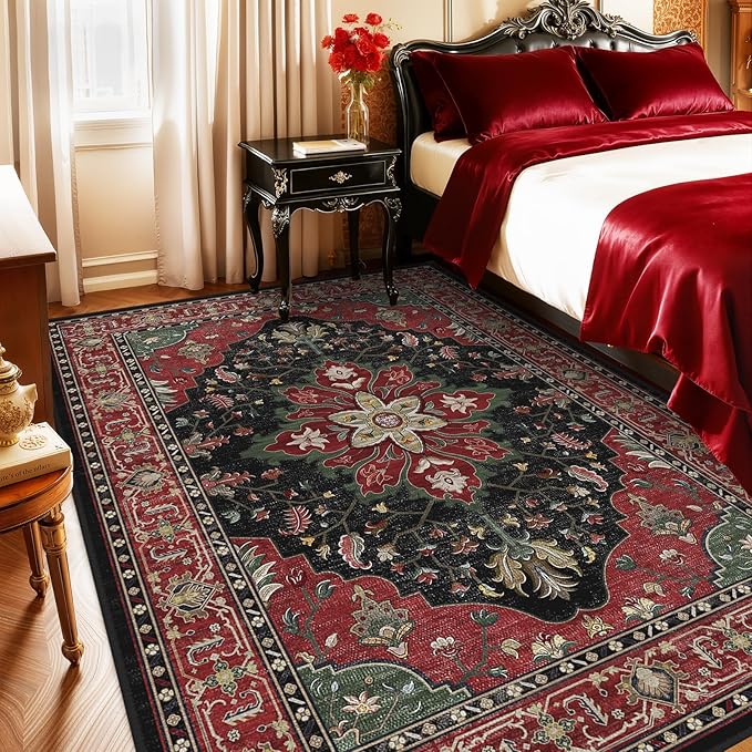 RELEANY Area Rugs 5'x7' Washable Non-Slip, Floral Vintage Distress Print Pattern Medallion Carpet for Living Room Bedroom Dining Room, Red Black