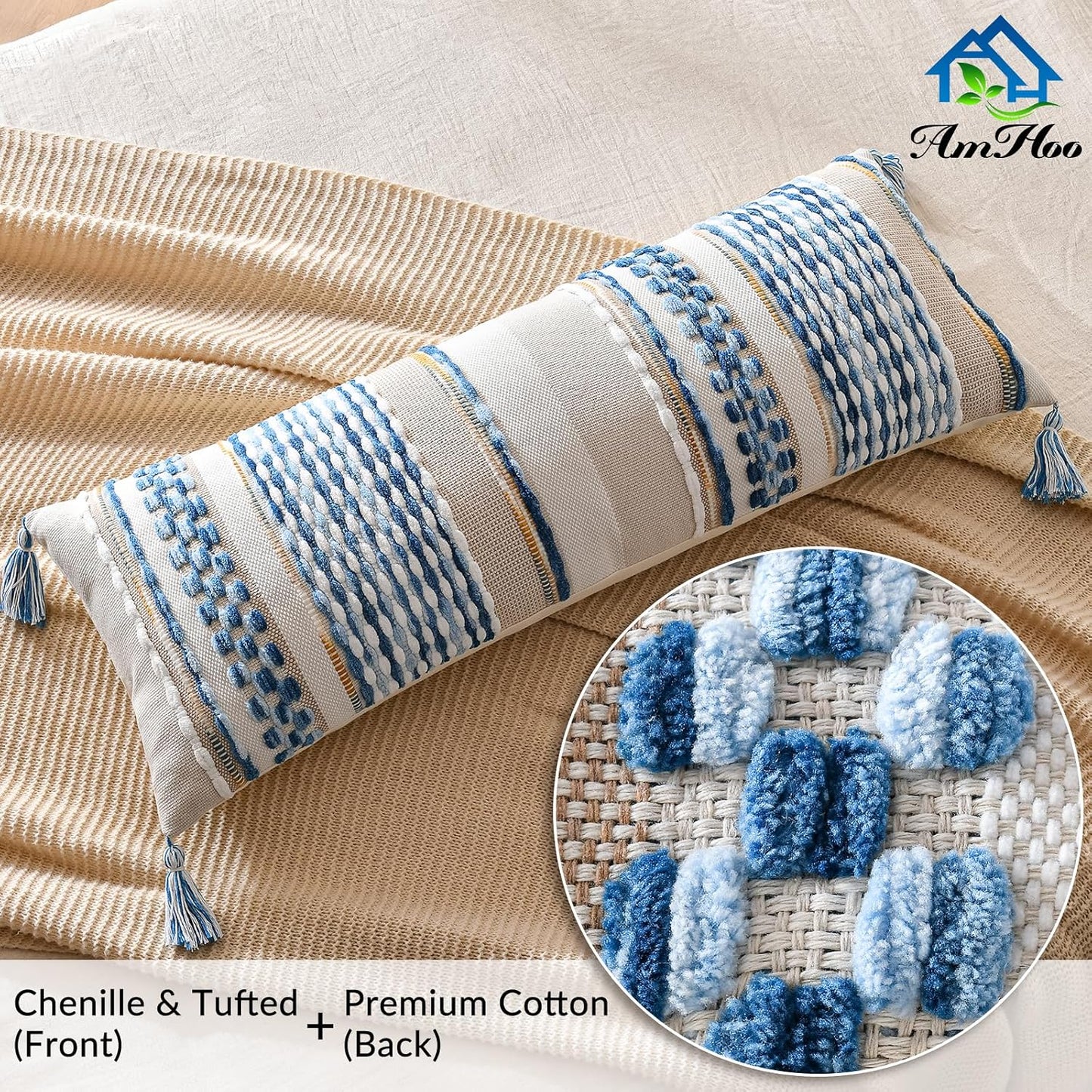 AmHoo Chenille Striped Textured Boho Throw Pillow Covers Aesthetic with Tassels Woven Decorative Pillow Case for Couch Bed Sofa Bedroom Modern Funky 14 x 36-Inch Sky Blue