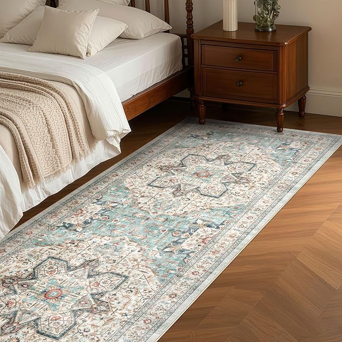 Tortania Area Rug 3x10 Runner Rugs - Washable Vintage Oriental Farmhouse Thin Indoor Carpet for Living Room Bedroom Hallway Entryway Kitchen Under Dining Table Home Office - Aqua Multi