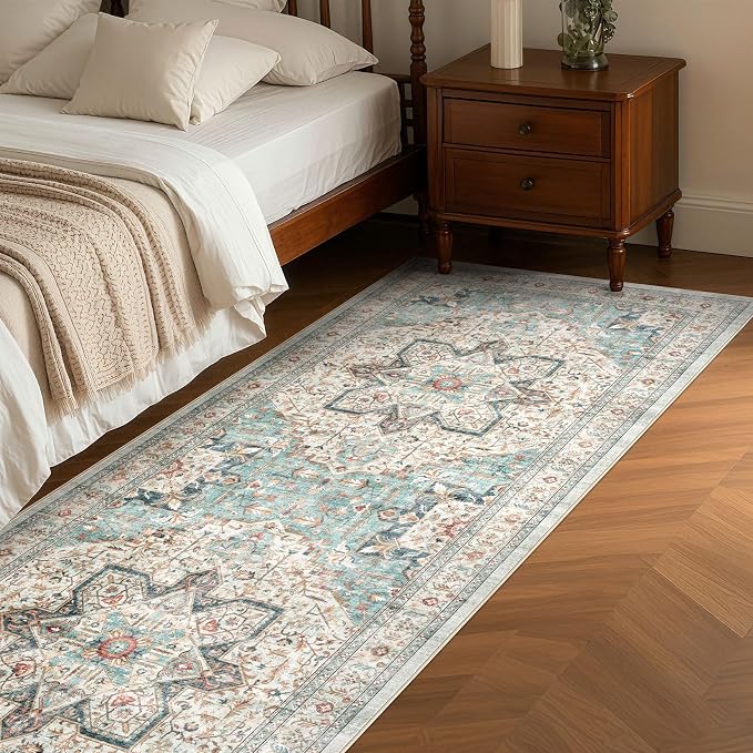 Tortania Area Rug 3x8 Runner Rugs - Washable Vintage Oriental Farmhouse Thin Indoor Carpet for Living Room Bedroom Hallway Entryway Kitchen Under Dining Table Home Office - Aqua Multi