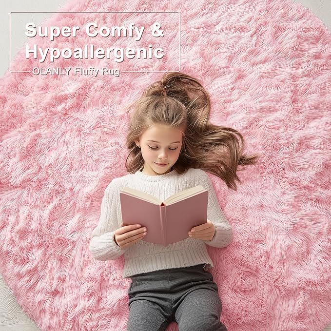 OLANLY Pink Round Rugs for Bedroom - Machine Washable, 2 ft Circle Area Rugs for Living Room, Soft and Fluffy Shaggy Carpet for Teen Girls and Boys, Nursery Rooms, Dorms, Home Decor Aesthetic