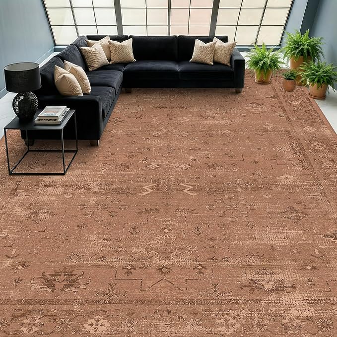TALANOVA Terracotta 10x14 Washable Area Rugs for Oversized Living Room, Non-Slip Low Pile Rust Vintage Geometric Rug, Distressed Southwestern Boho Decor for Bedroom & Dining Room