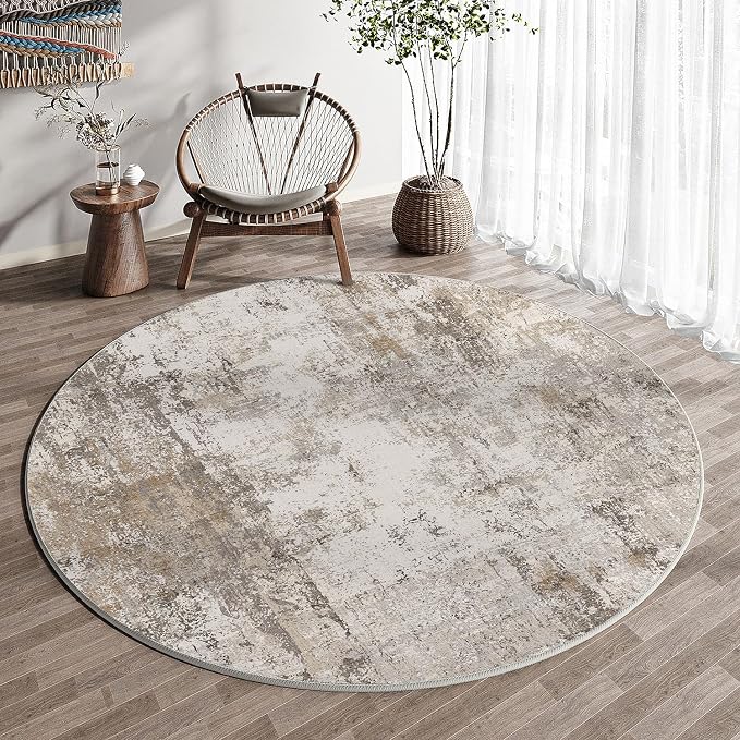 5x5 Washable Round Rug Brown Grey Abstract Non Slip Soft Low Pile Circle Rug for Living Room Bedroom Neutral Modern Indoor Carpet for Dining Room Office Entryway Home Decor